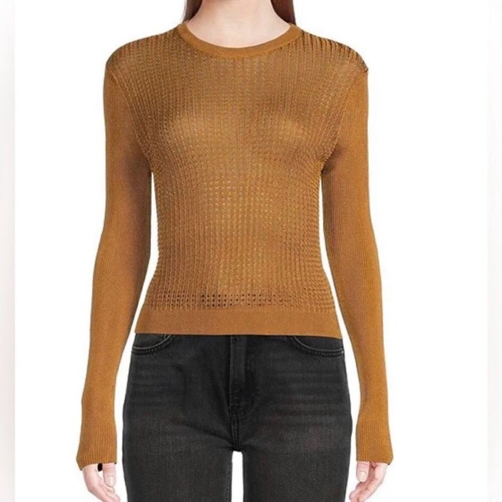 Free People H20 Crew Pullover Mesh Sheer Tiger Eye orange sweater size L